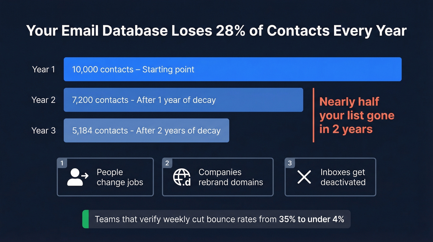 Email database decay rate visualization over 3 years