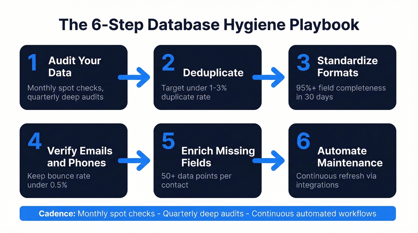 Six-step B2B database cleaning playbook flow chart