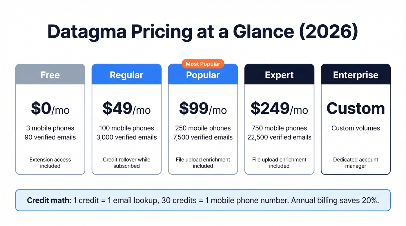 Datagma pricing tiers with credit breakdown visual