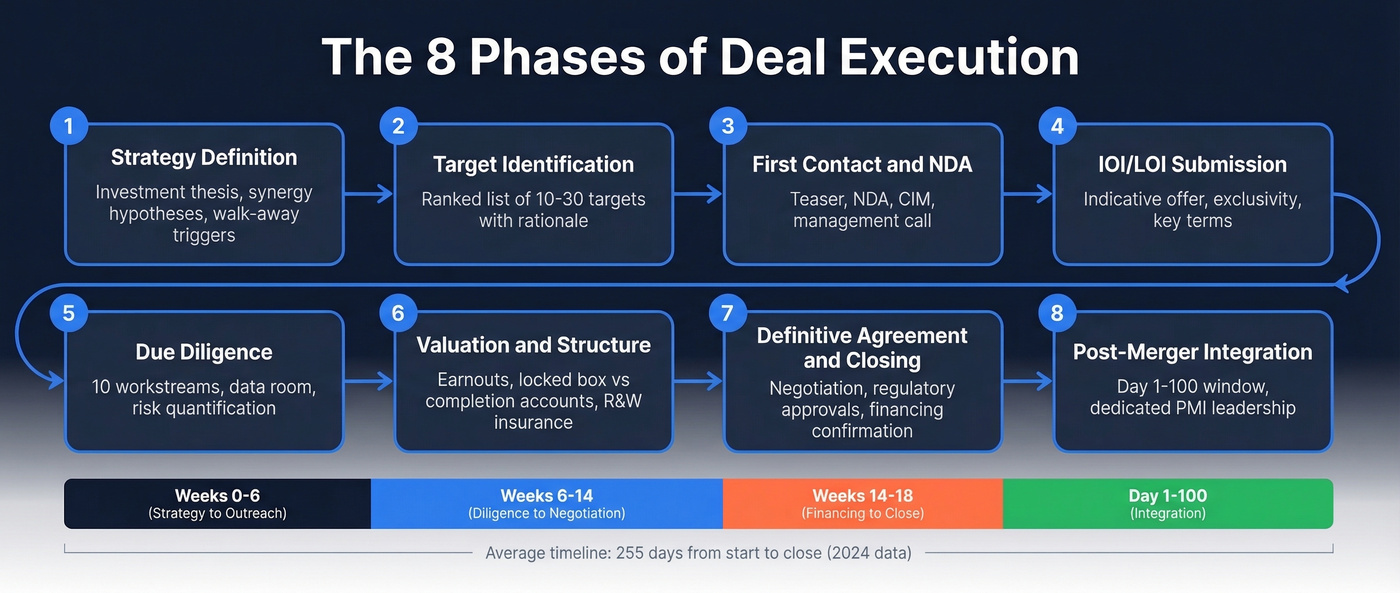 8-phase M&A deal execution process flow chart