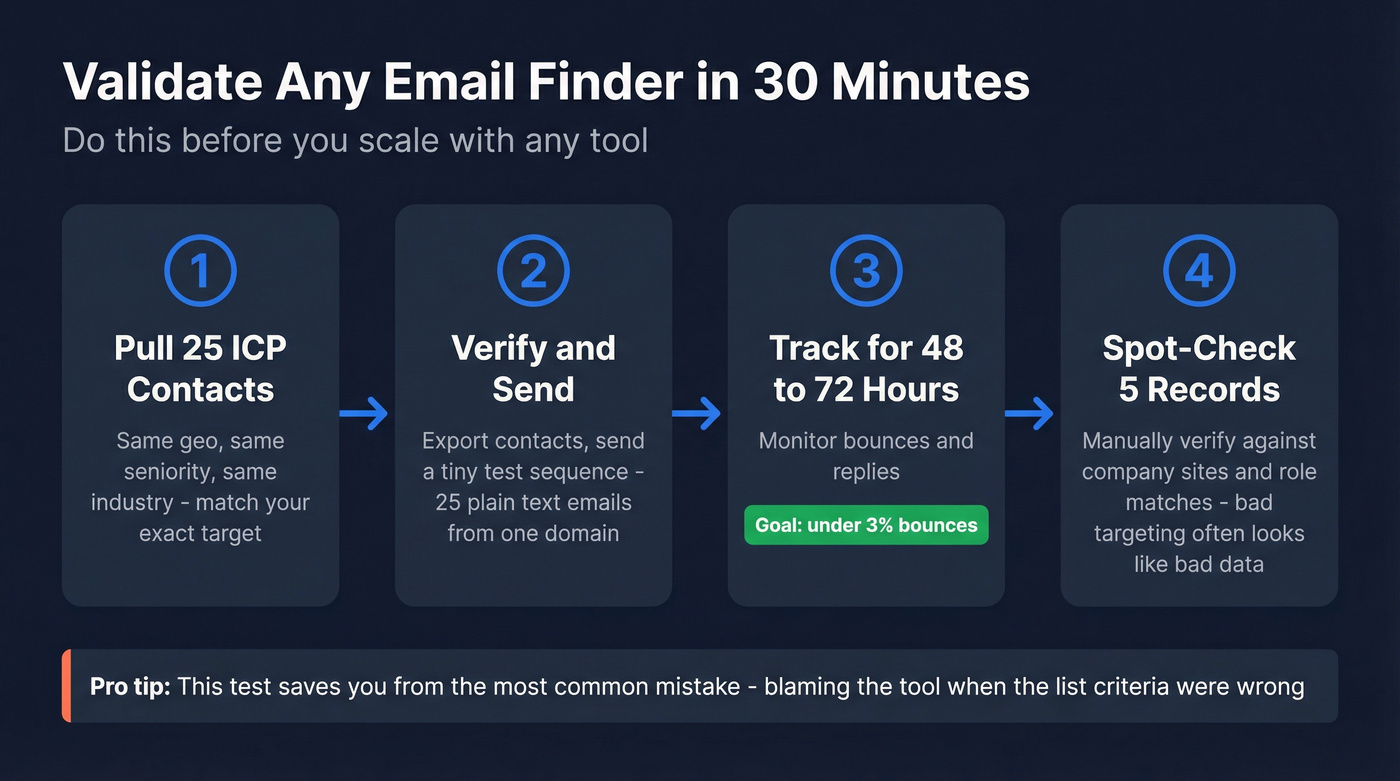 Four-step email finder validation process infographic
