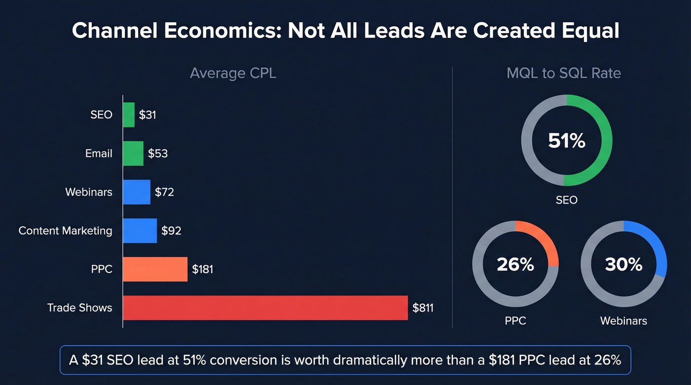 Channel economics comparison showing CPL and conversion rates
