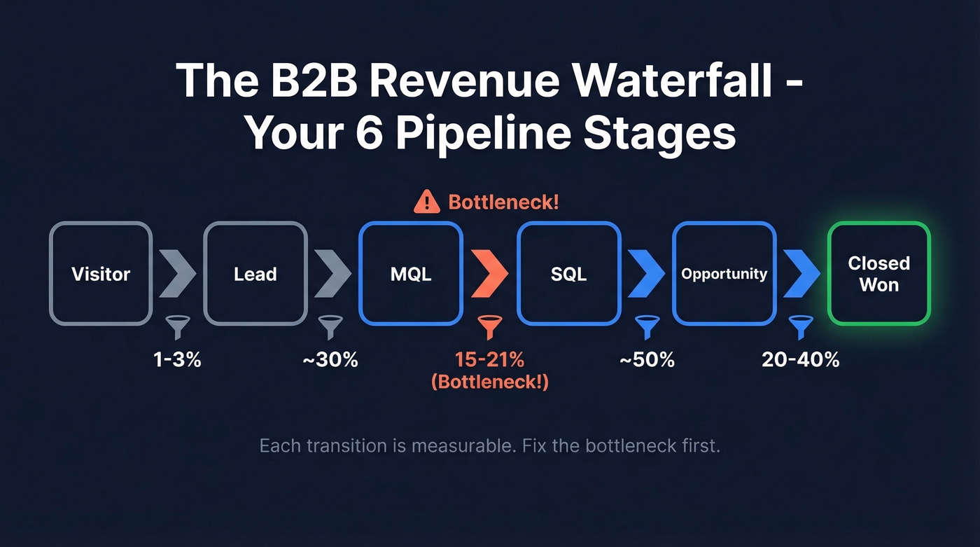 Six-stage B2B demand generation pipeline revenue waterfall