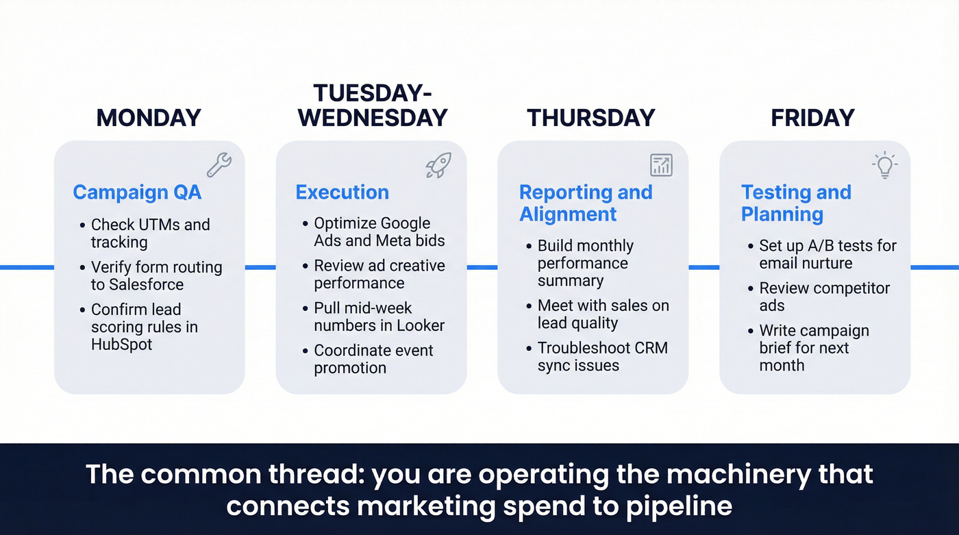 Weekly timeline showing a demand gen specialist's typical work week