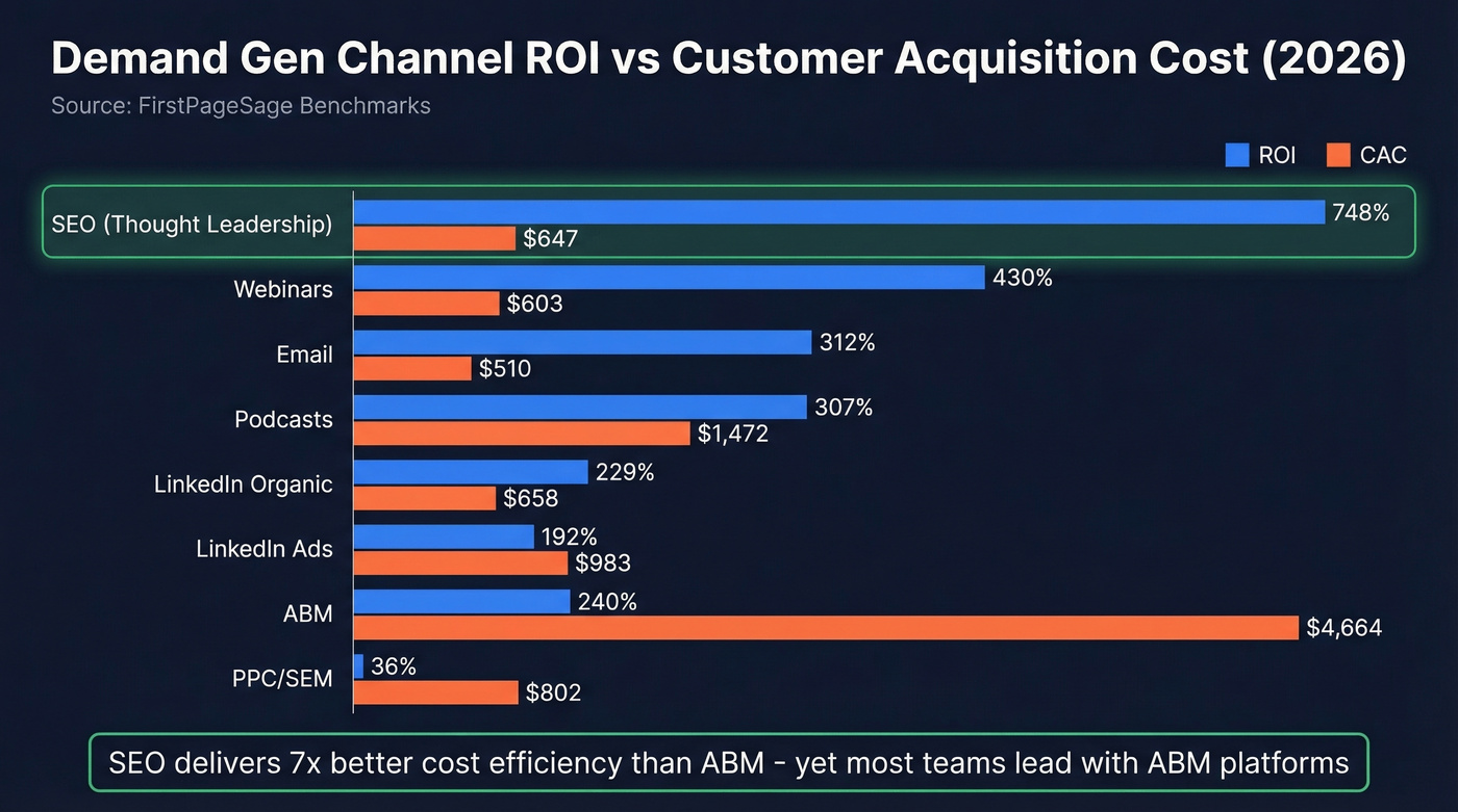 Bar chart comparing demand gen channel ROI and CAC