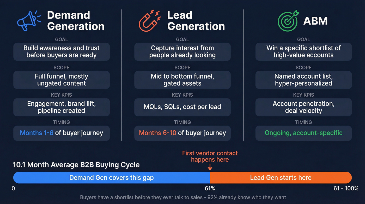 Comparison diagram of demand gen, lead gen, and ABM strategies