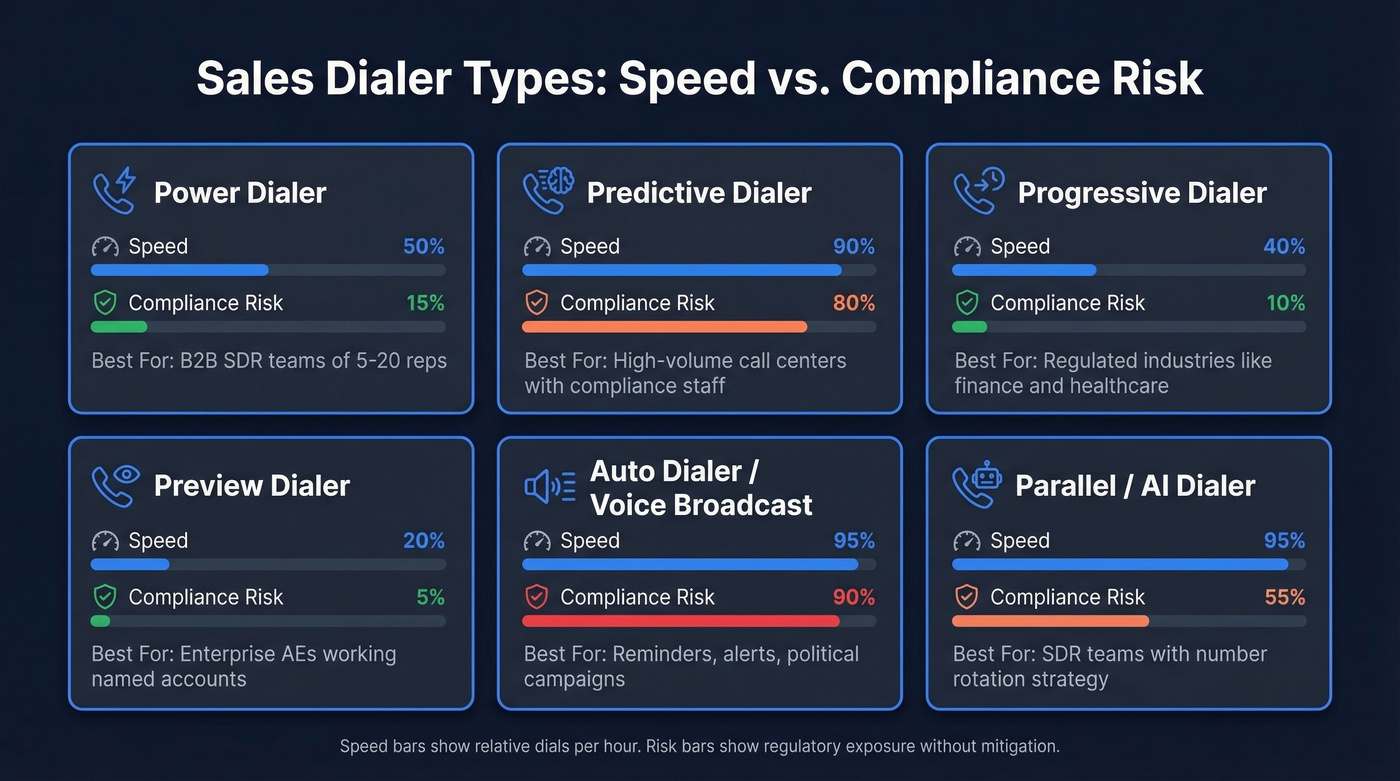 Six dialer types compared by speed, compliance risk, and best use case