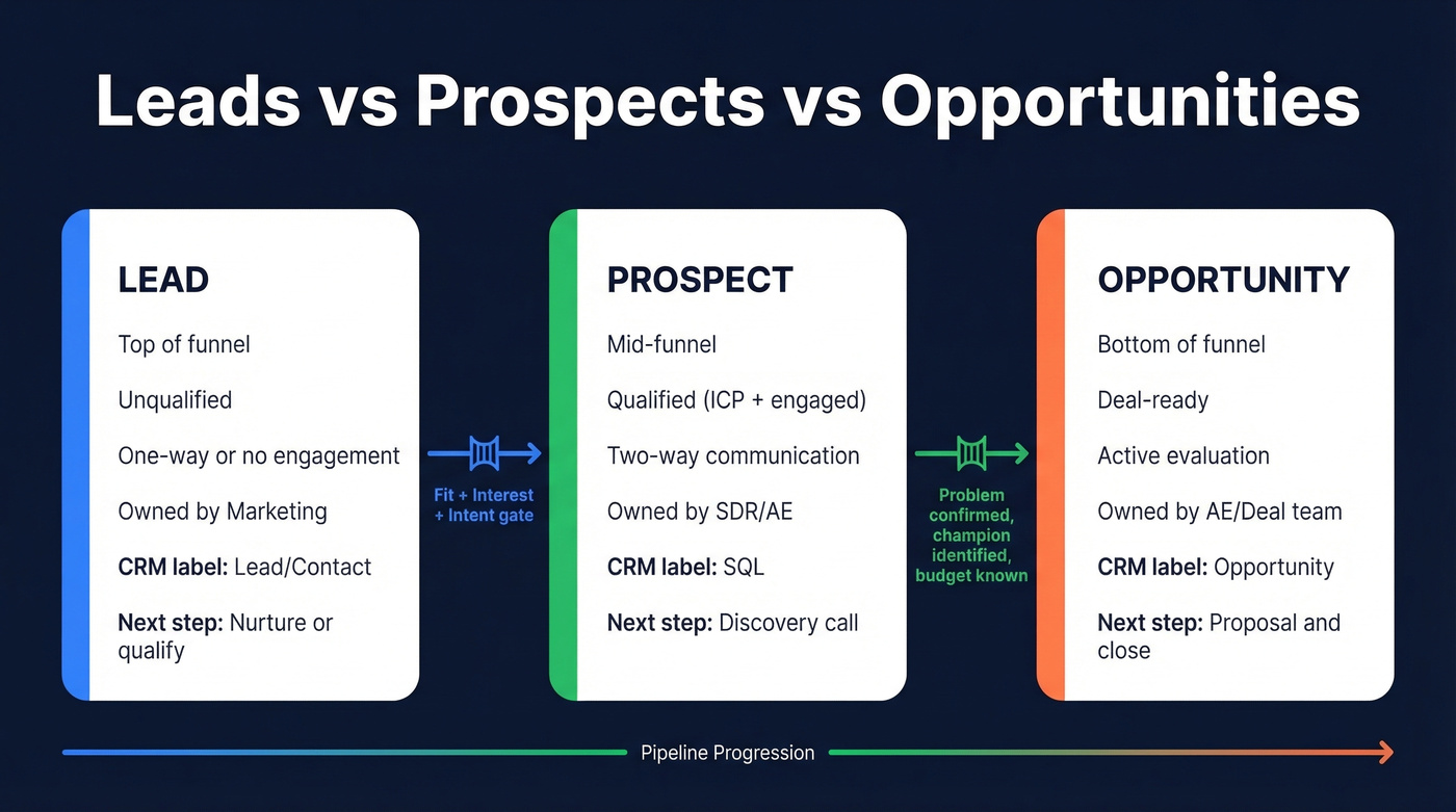 Visual funnel comparing leads, prospects, and opportunities