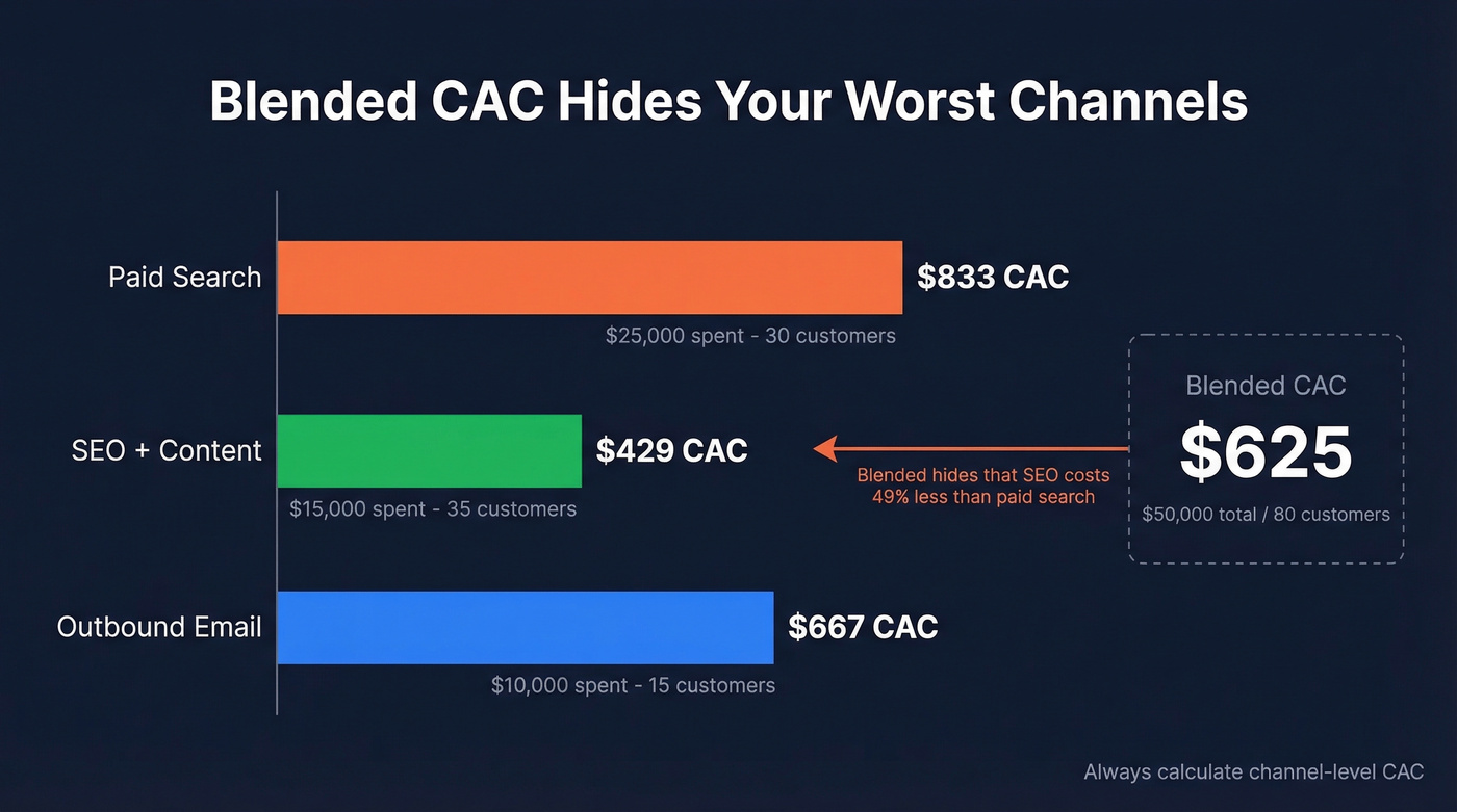Channel-level CAC breakdown showing hidden cost differences
