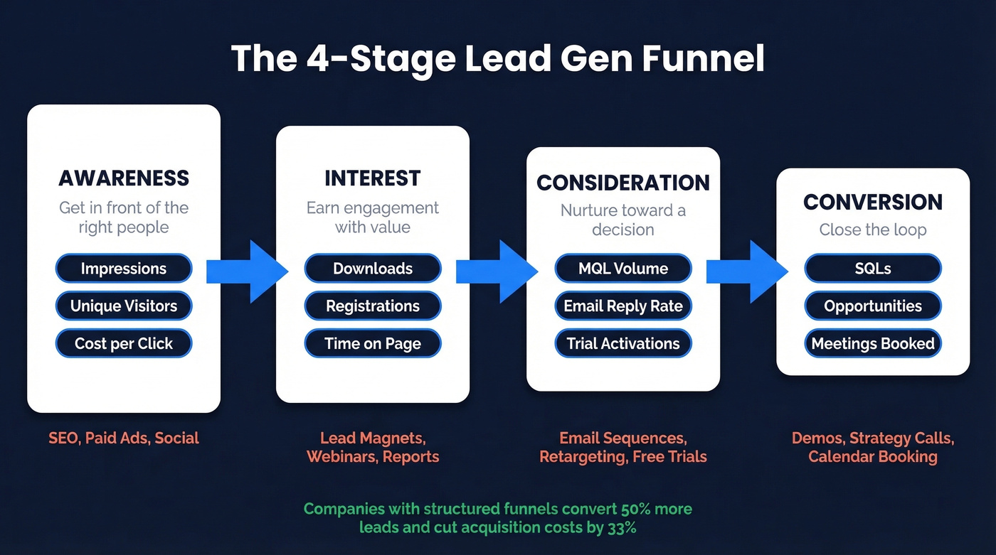 Four-stage B2B lead generation funnel with KPIs