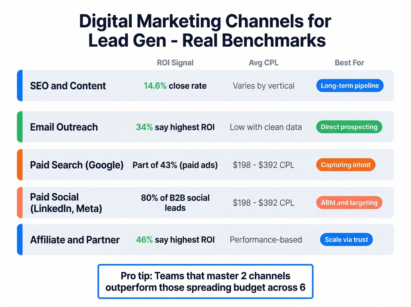 Channel comparison showing ROI, CPL, and best use case