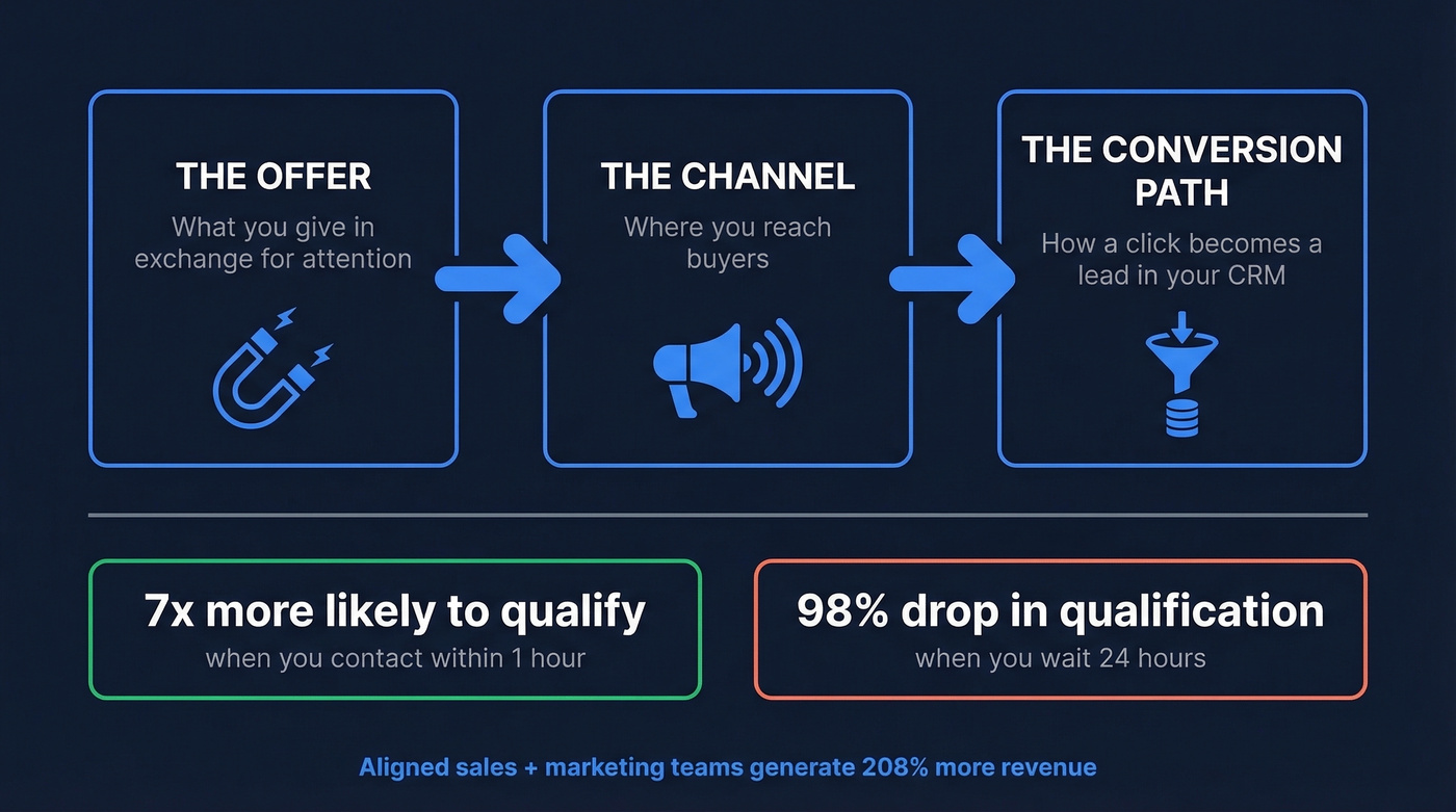 Three-part lead gen system with offer, channel, and conversion path