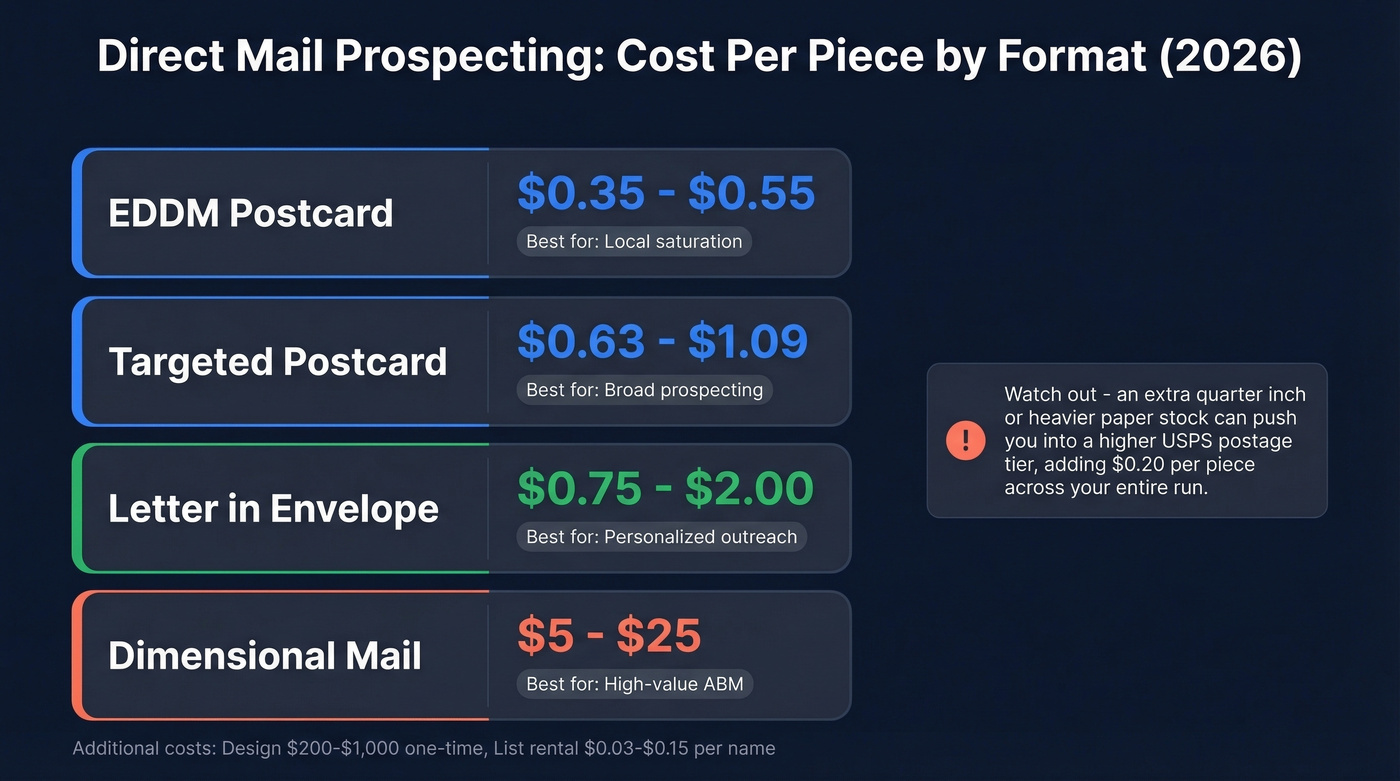 Direct mail cost per piece by format in 2026