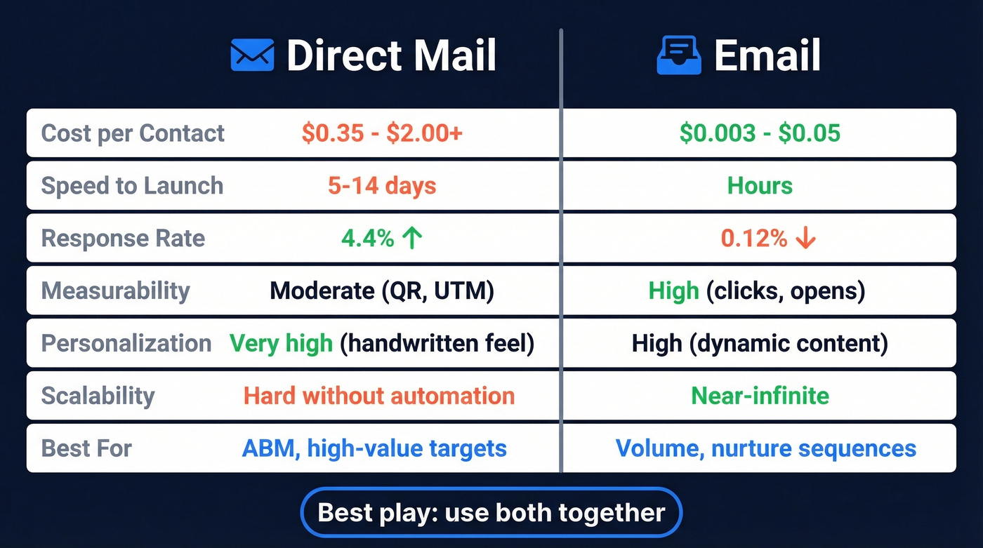Direct mail vs email head-to-head comparison infographic