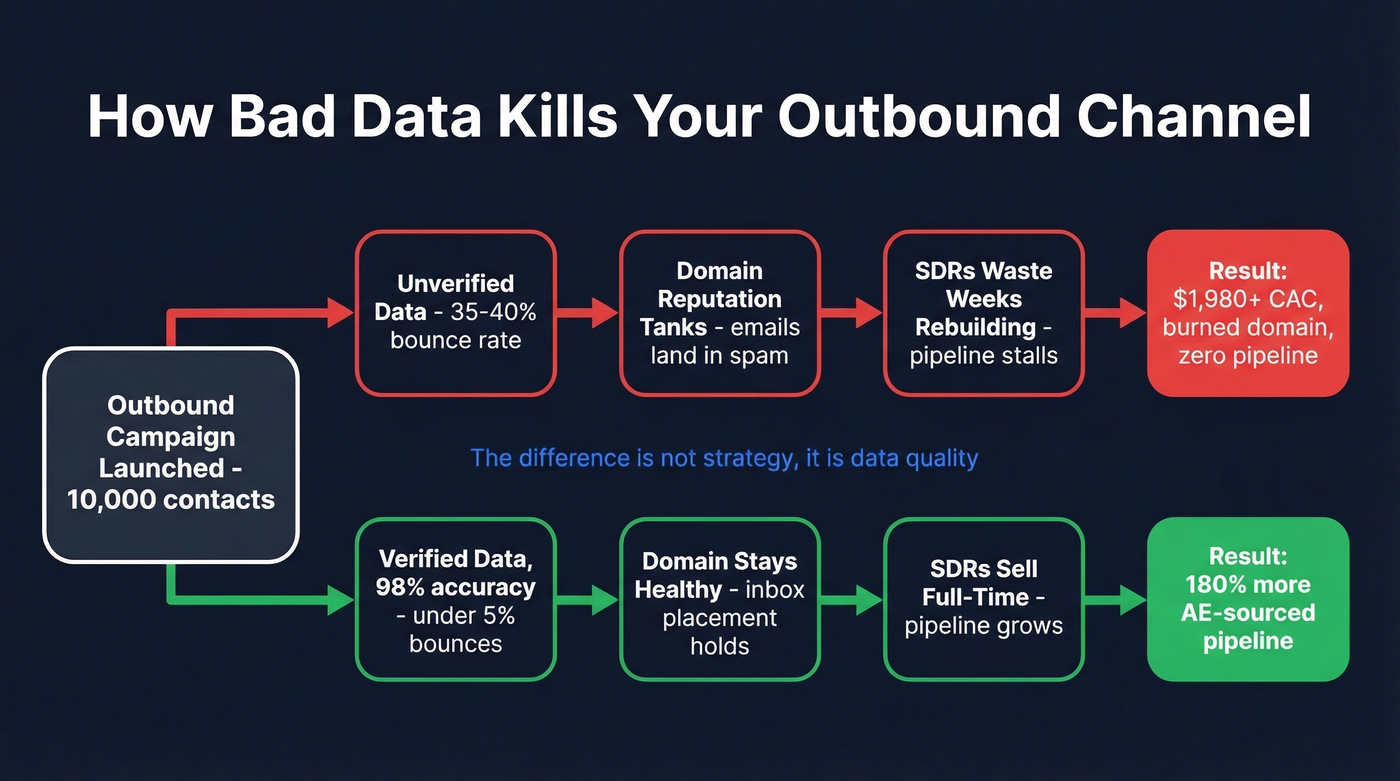 Flow diagram showing how bad data destroys outbound ROI