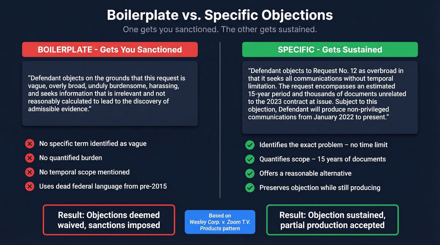Side-by-side comparison of boilerplate vs specific discovery objections