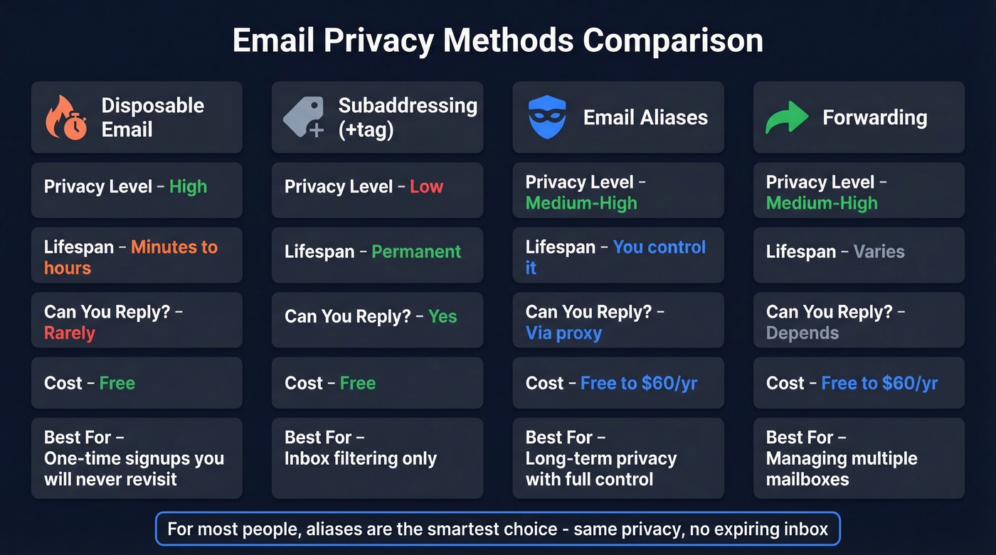 Visual comparison of disposable email vs aliases vs forwarding vs subaddressing
