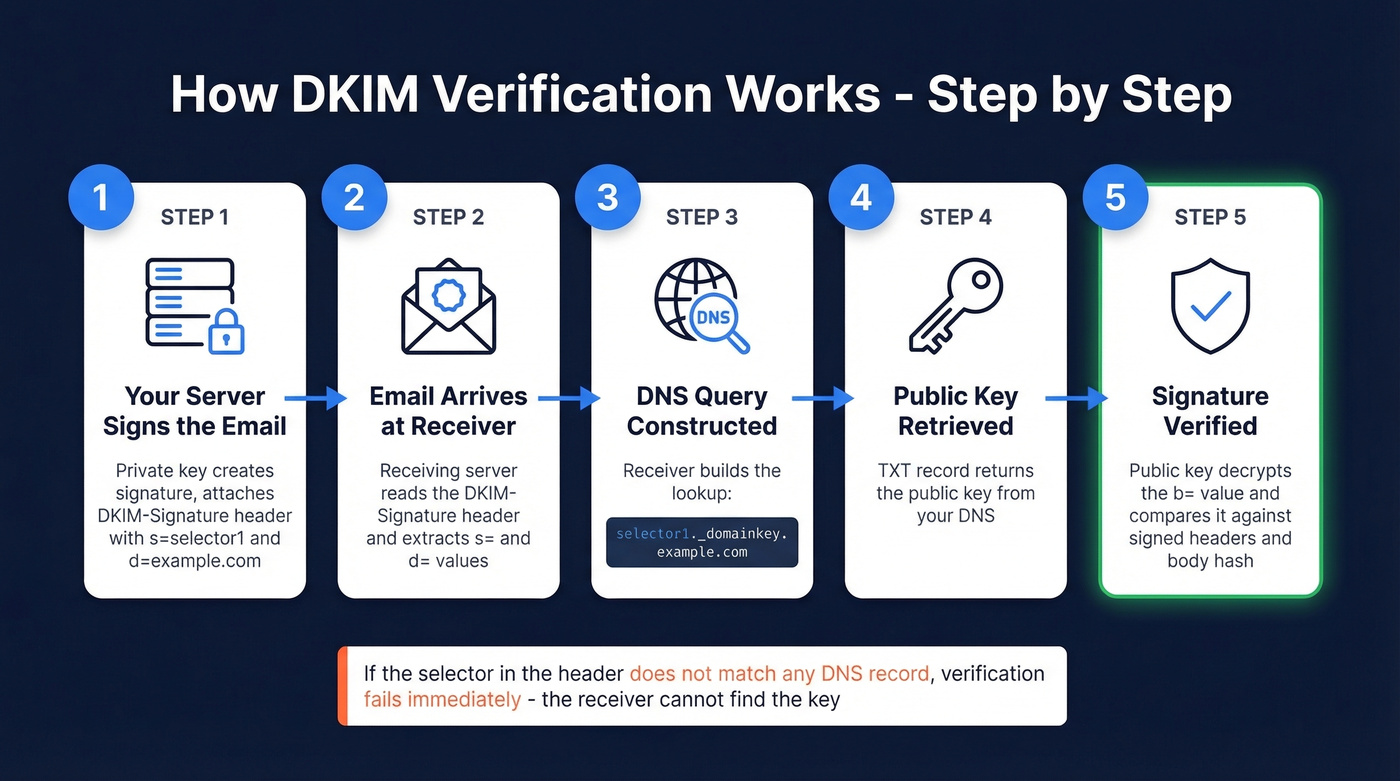 DKIM verification flow showing selector bridging header to DNS