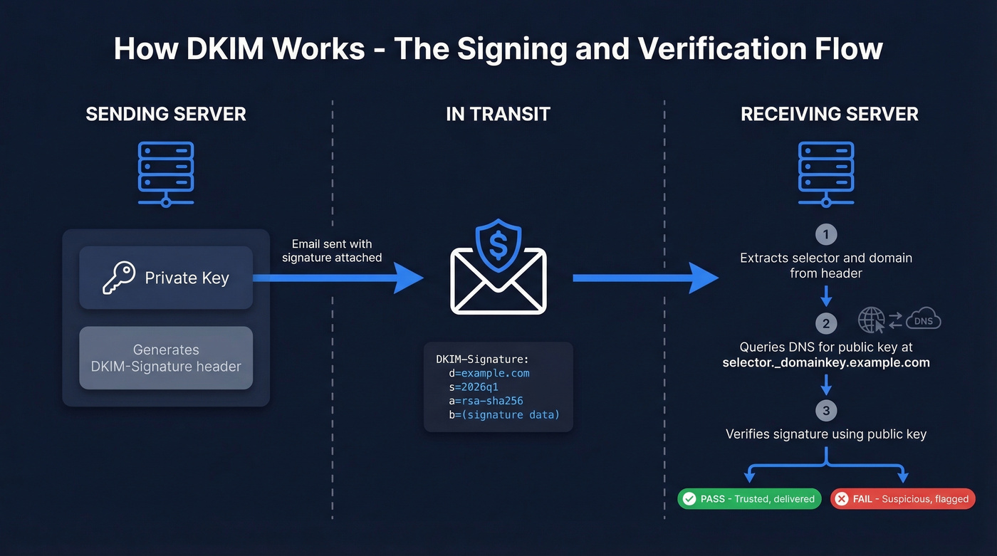 DKIM email signing and verification flow diagram