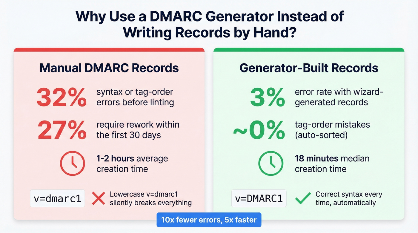 Manual vs generator DMARC record error rate comparison