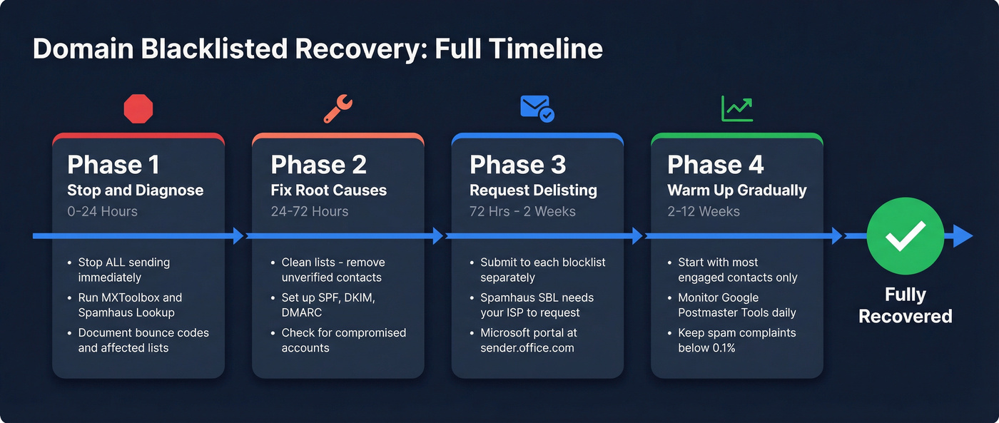 Four-phase domain blacklisted recovery timeline flowchart