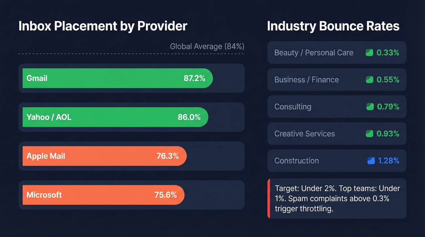 Inbox placement rates by mailbox provider horizontal bar chart