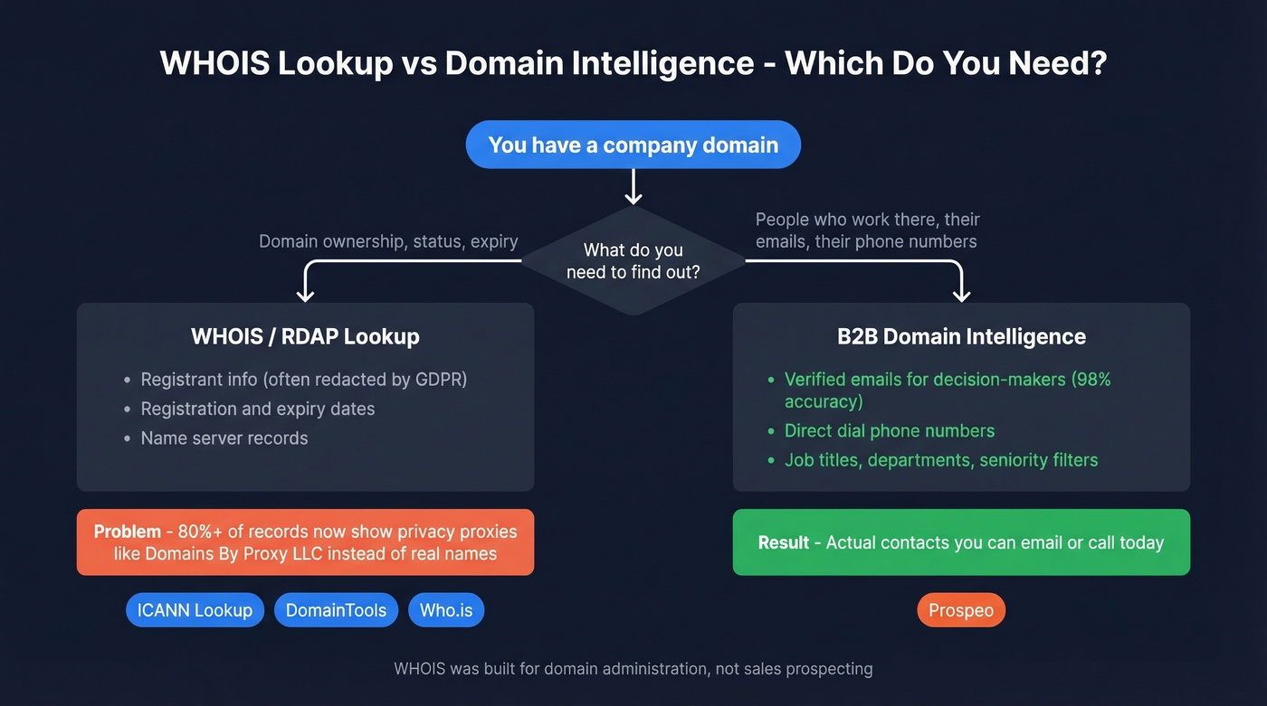 WHOIS lookup vs domain intelligence decision flow