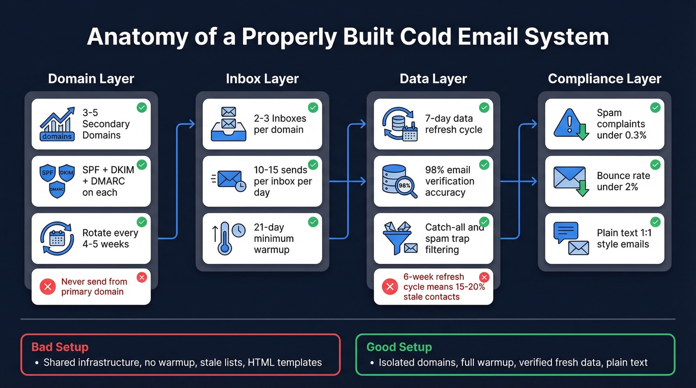 Cold email infrastructure stack architecture diagram