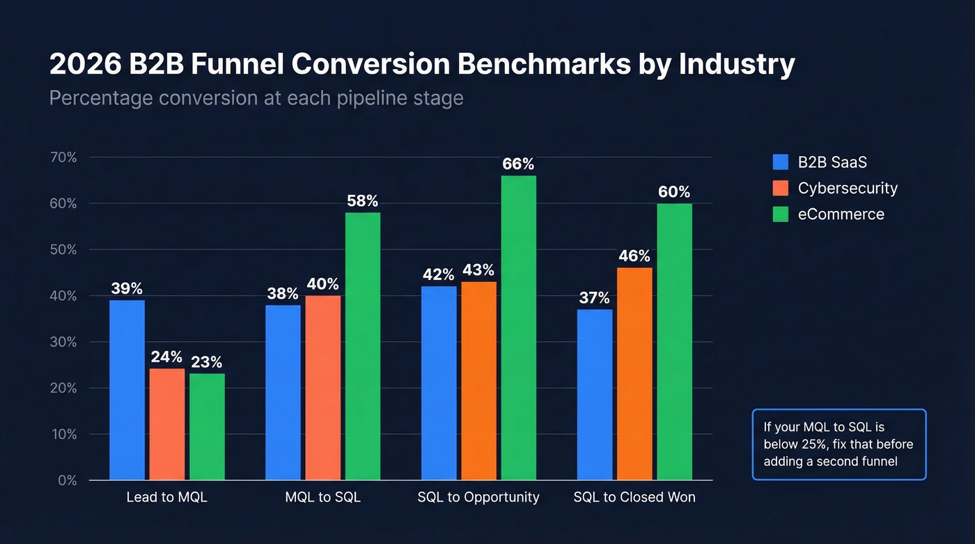 B2B funnel conversion benchmarks grouped bar chart