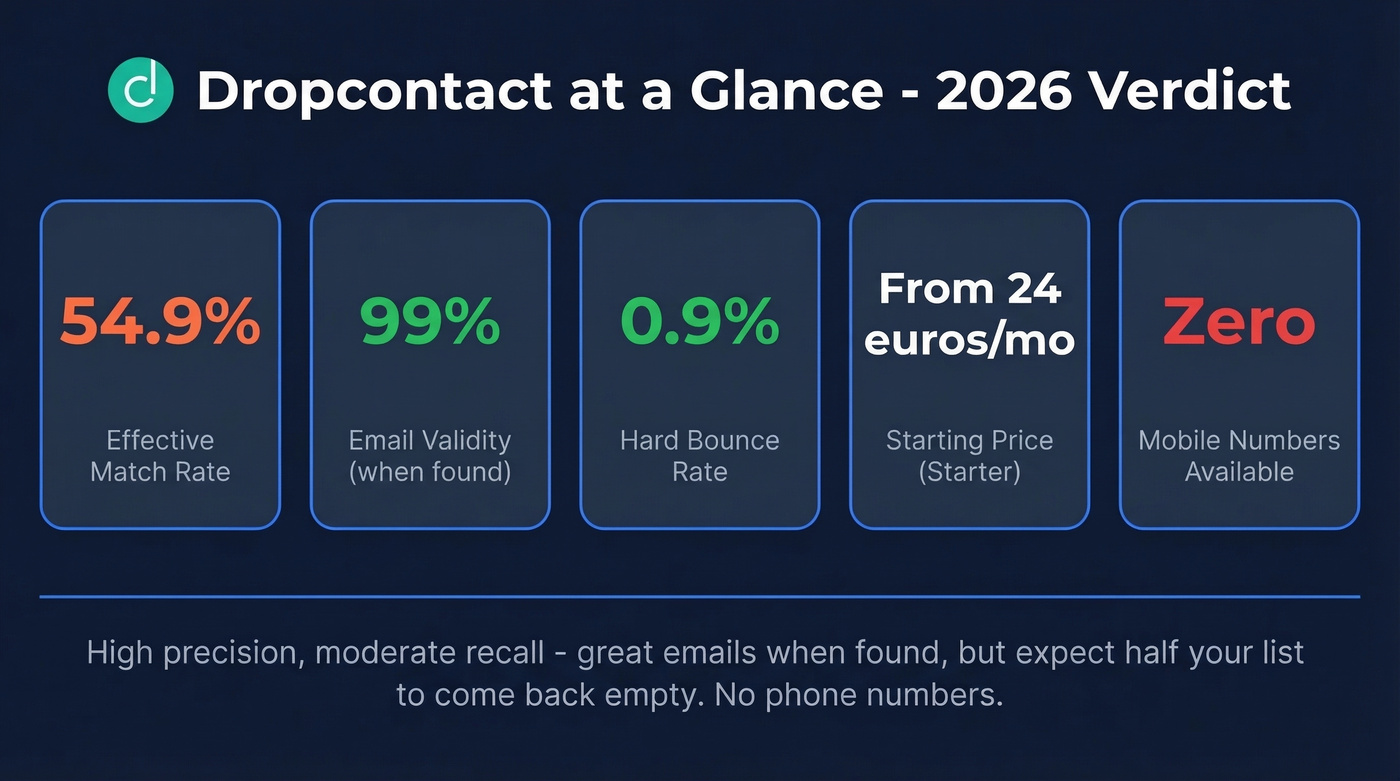 Dropcontact key stats verdict card overview
