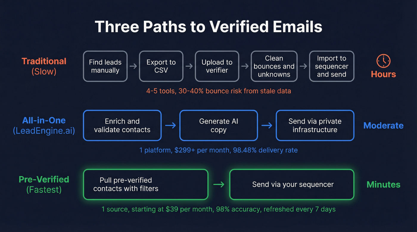 Three workflow paths from list building to sending emails