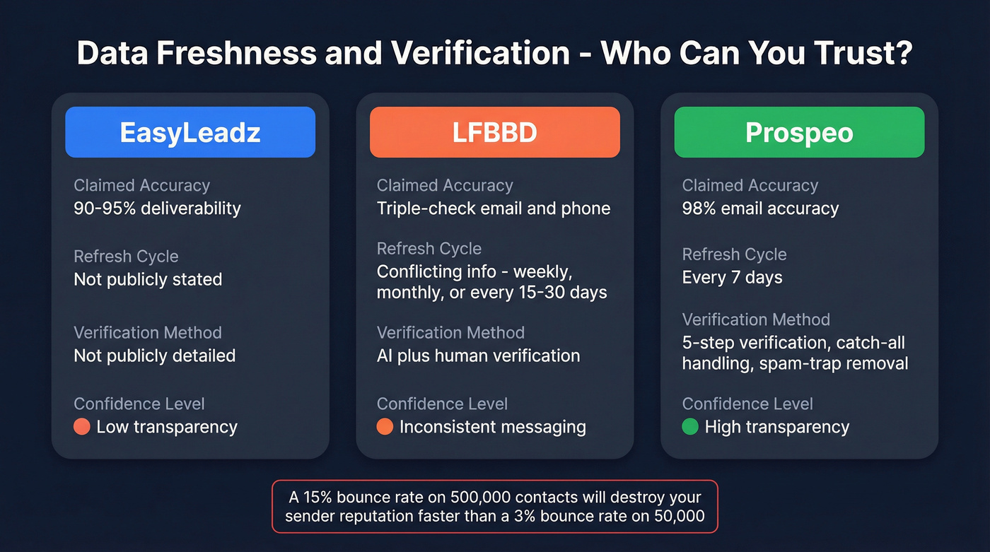 Data freshness and verification comparison across three tools
