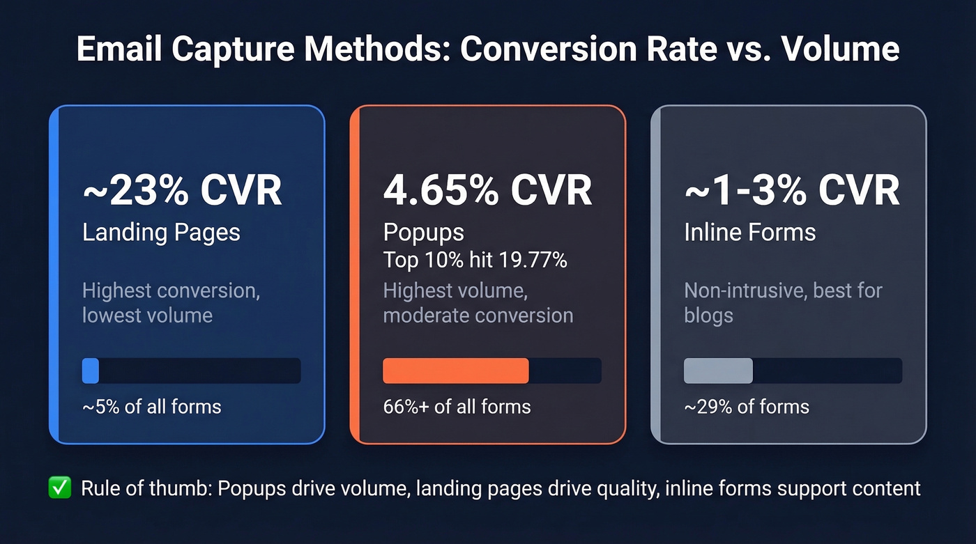 Email capture methods compared by conversion rate and volume