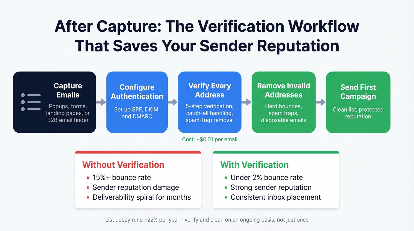 Post-capture email verification workflow with decay stats