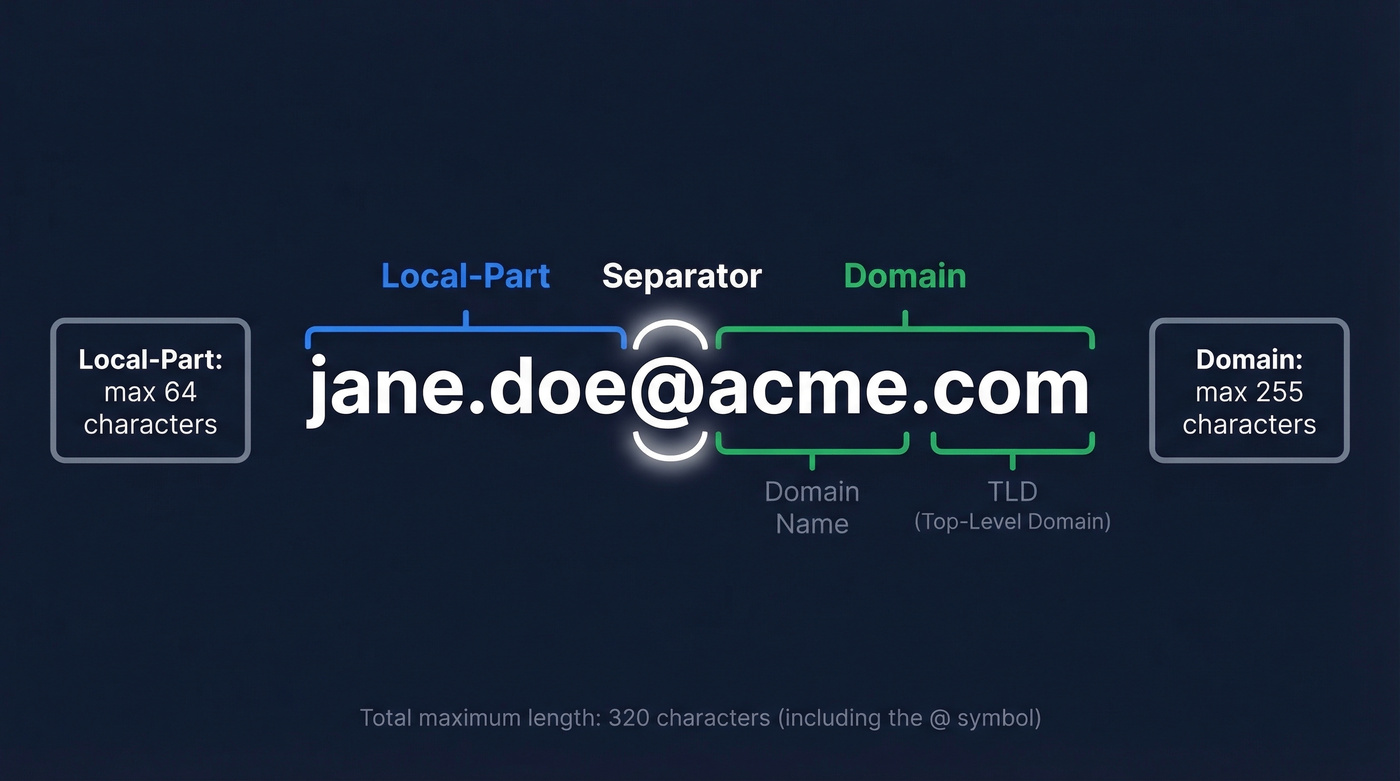 Email address anatomy showing local-part, at symbol, and domain