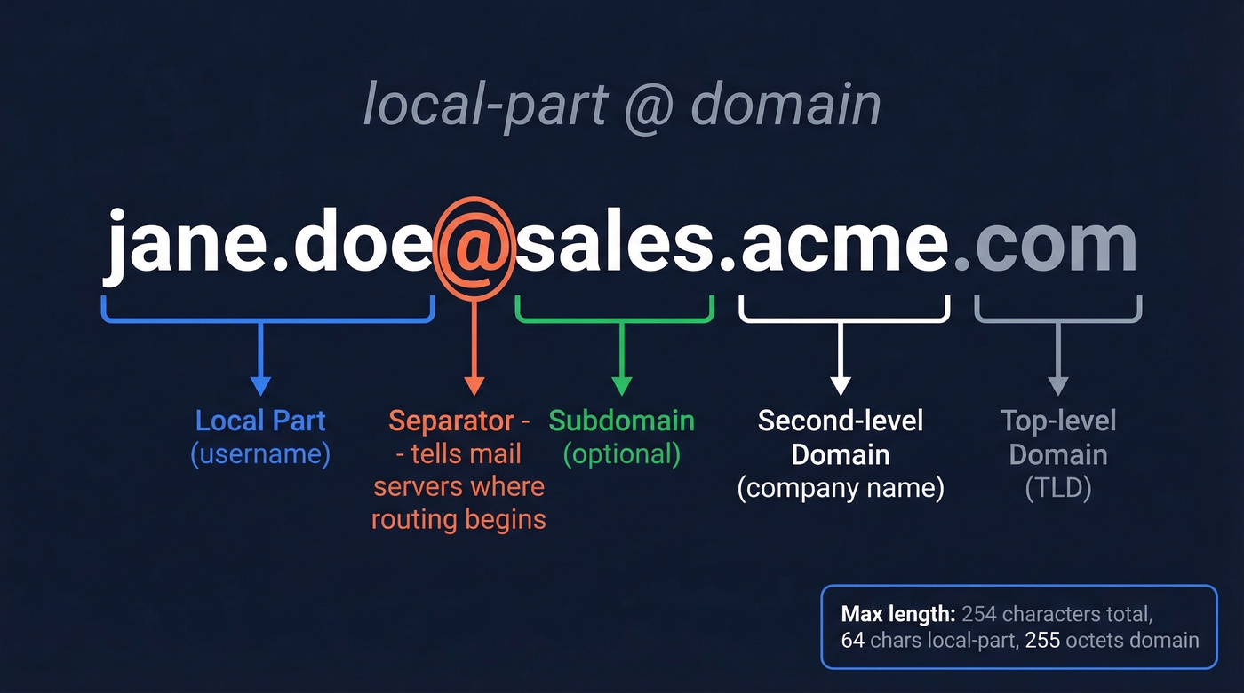 Anatomy of an email address with labeled parts