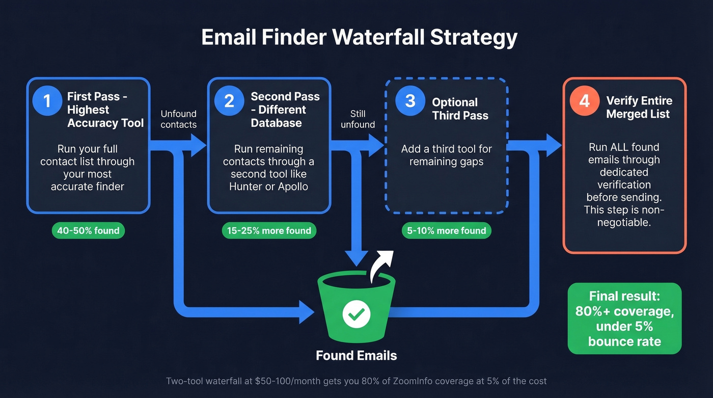 Multi-tool waterfall strategy for maximum email coverage