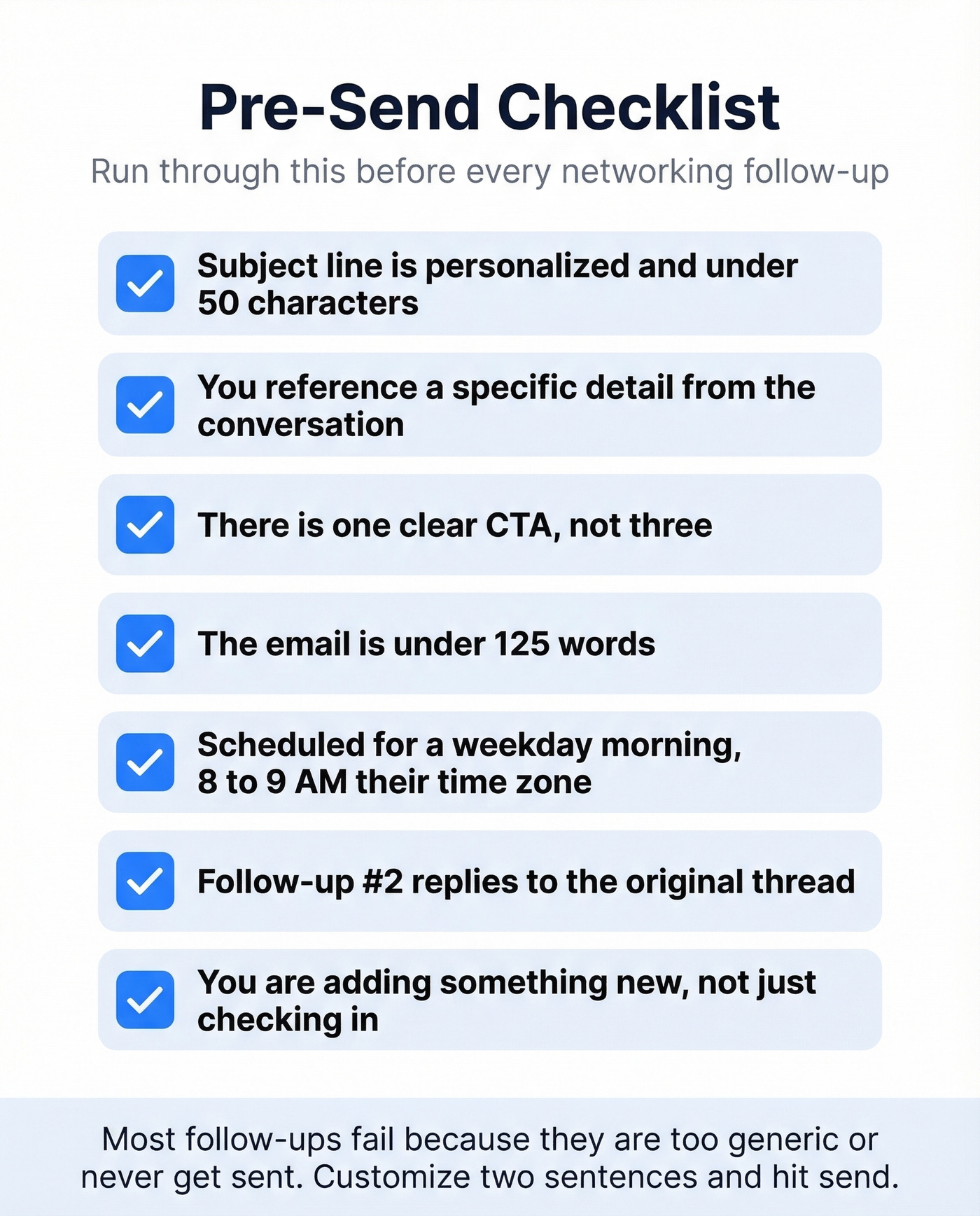 Visual pre-send checklist for networking follow-up emails
