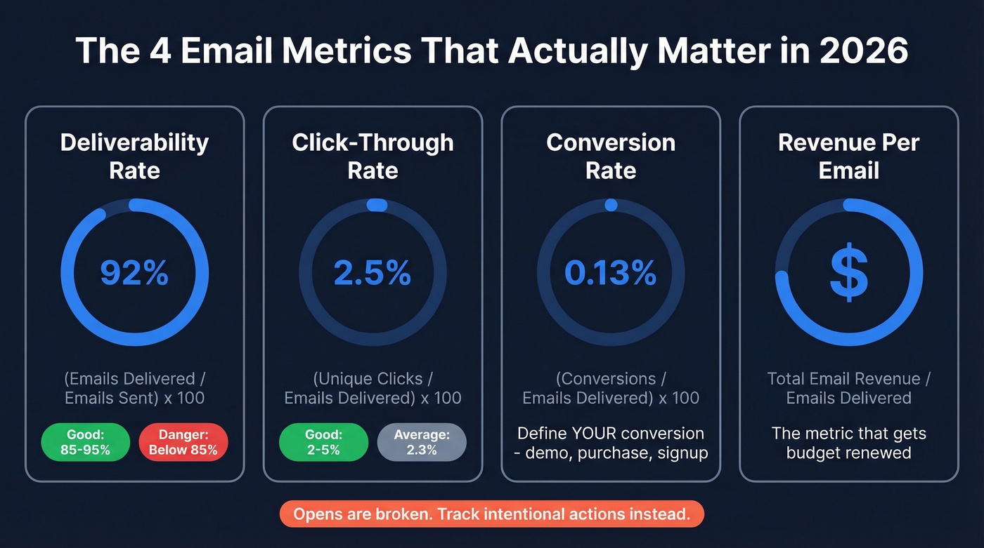 Four core email metrics with formulas and benchmarks