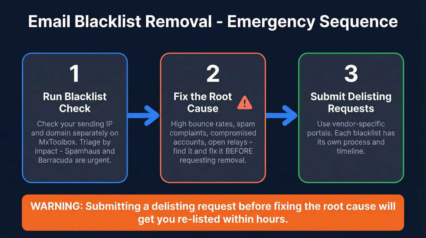 Emergency blacklist removal three-step sequence flow chart