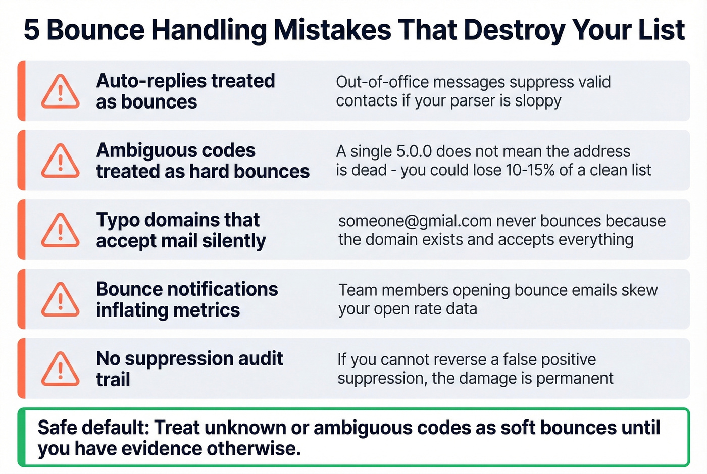 Five common bounce handling mistakes with warning icons