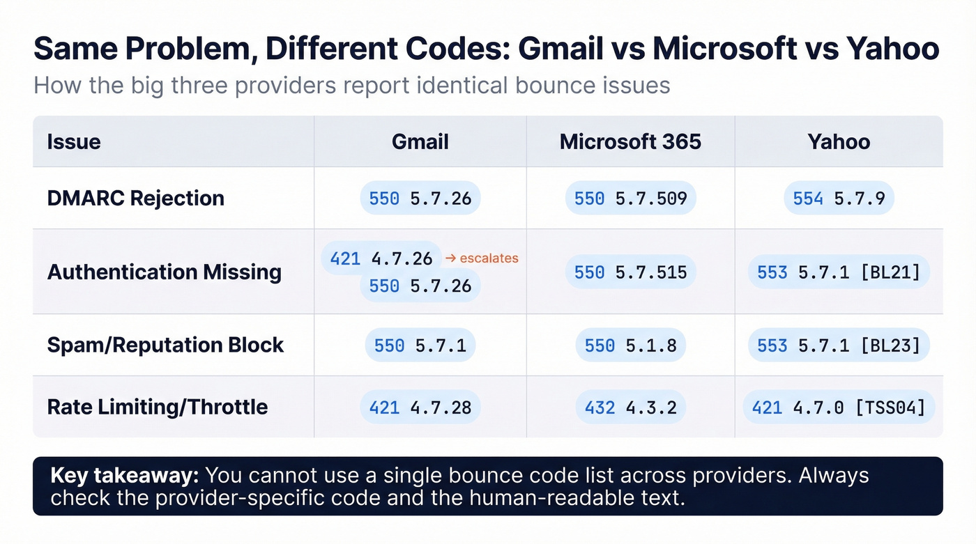 Gmail vs Microsoft vs Yahoo bounce code comparison for same issues