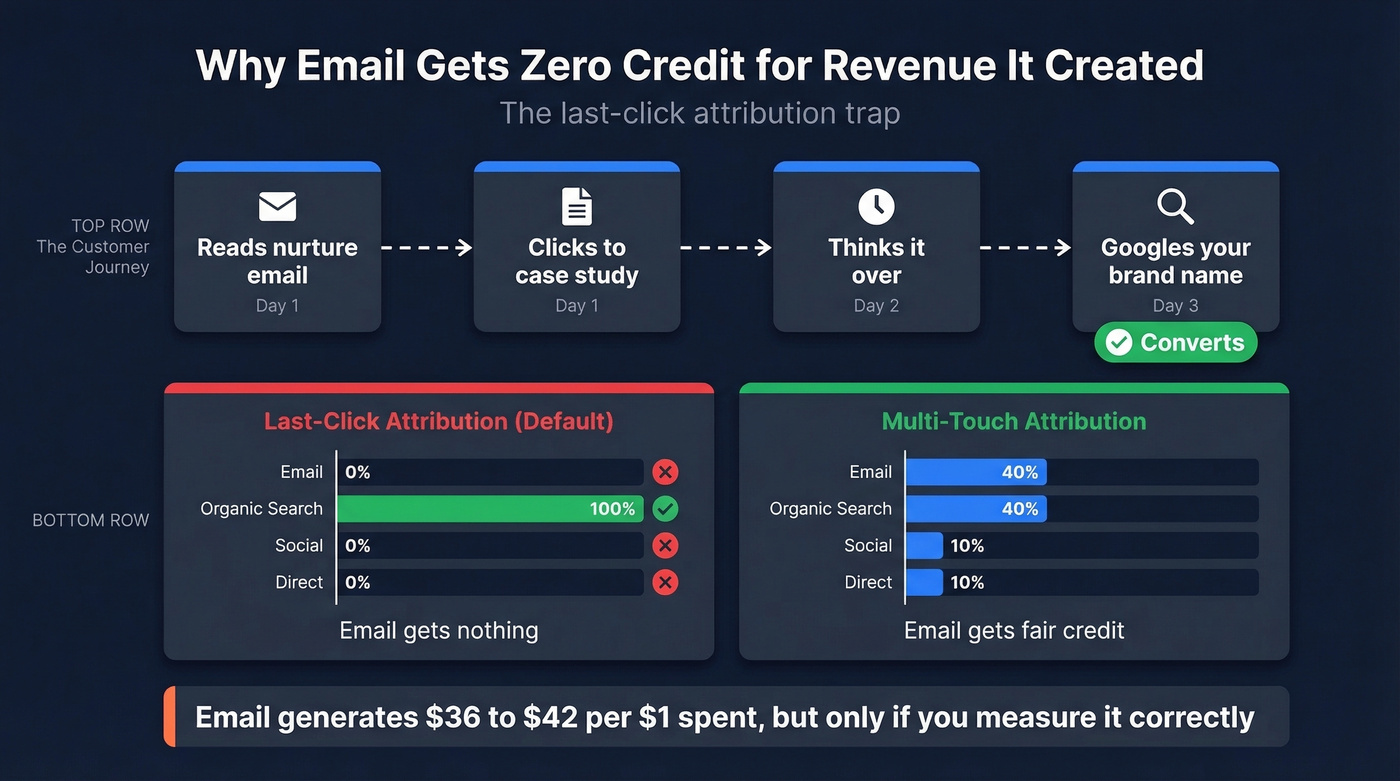 Email attribution gap showing last-click vs multi-touch credit