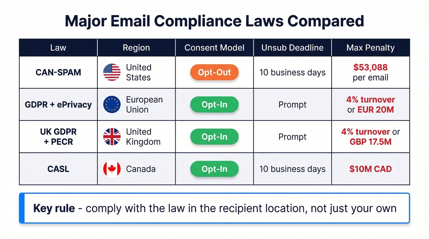 Side-by-side comparison of major email laws worldwide