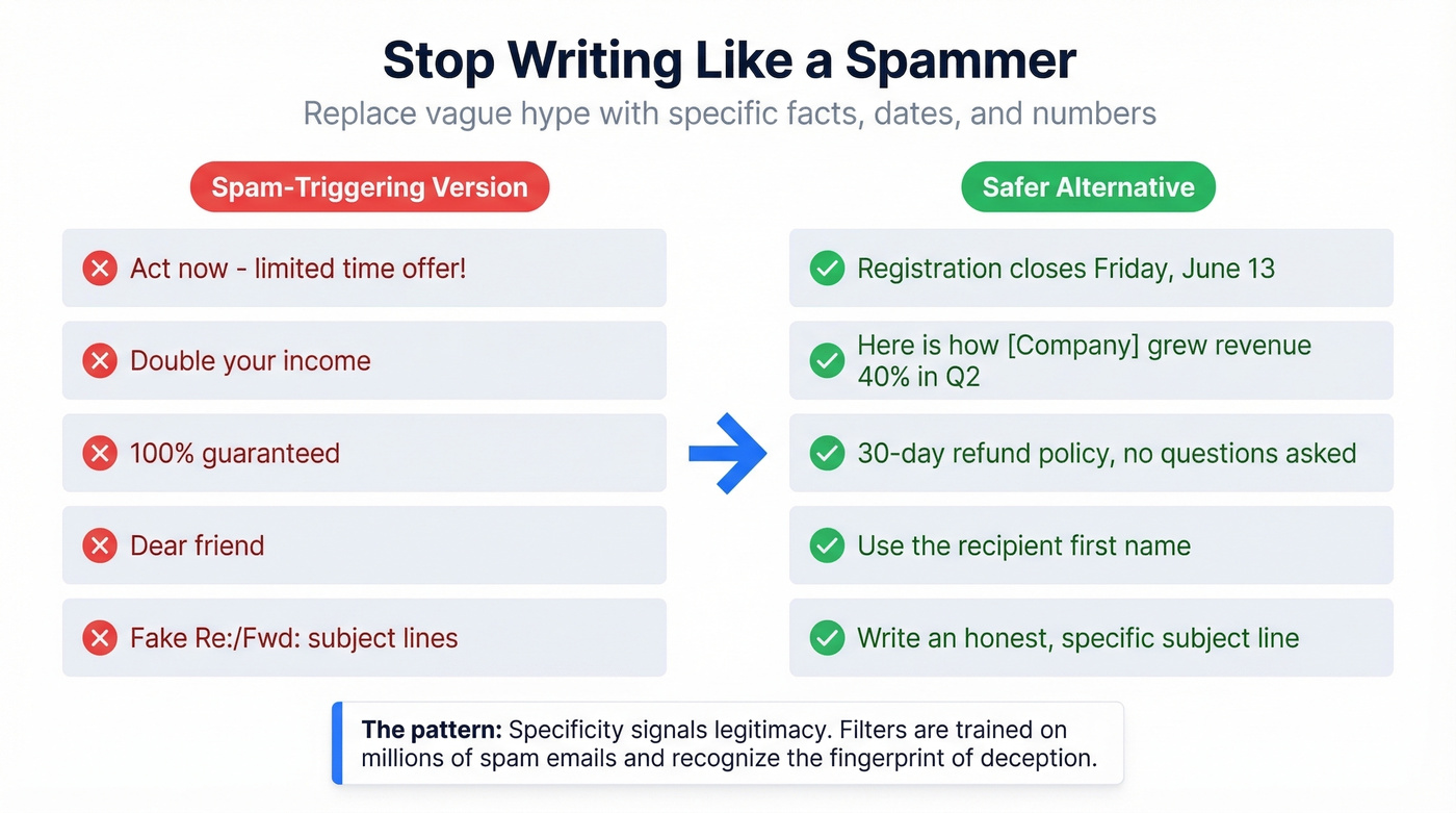 Spam trigger phrases versus safer alternatives side by side