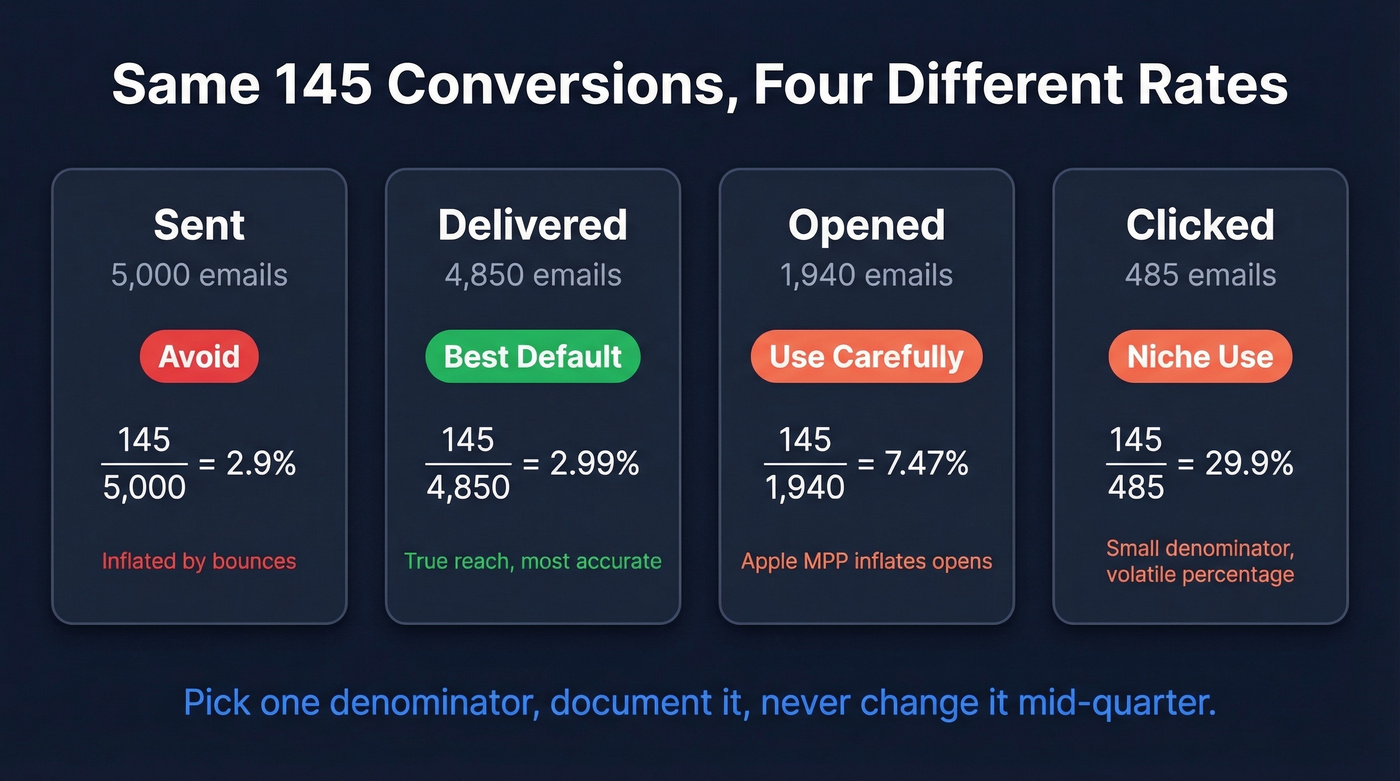 Visual comparison of four email conversion rate denominators