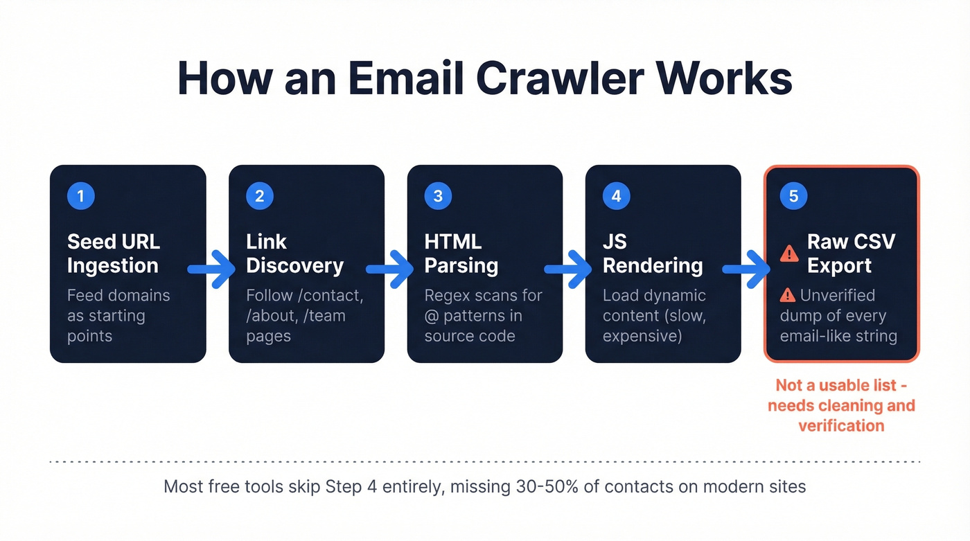 Five-step email crawler pipeline from seed URL to export
