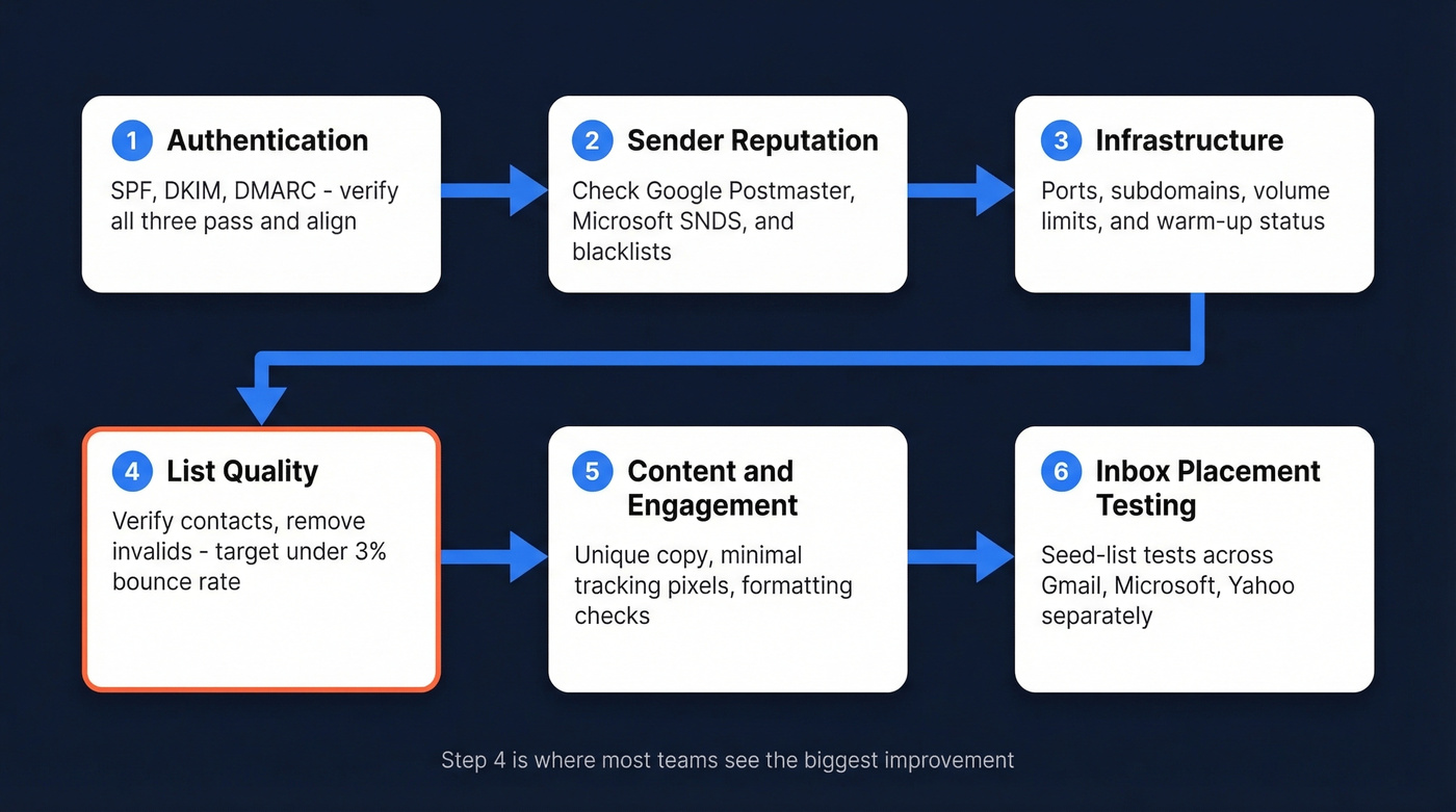 Six-step email deliverability audit process flow chart