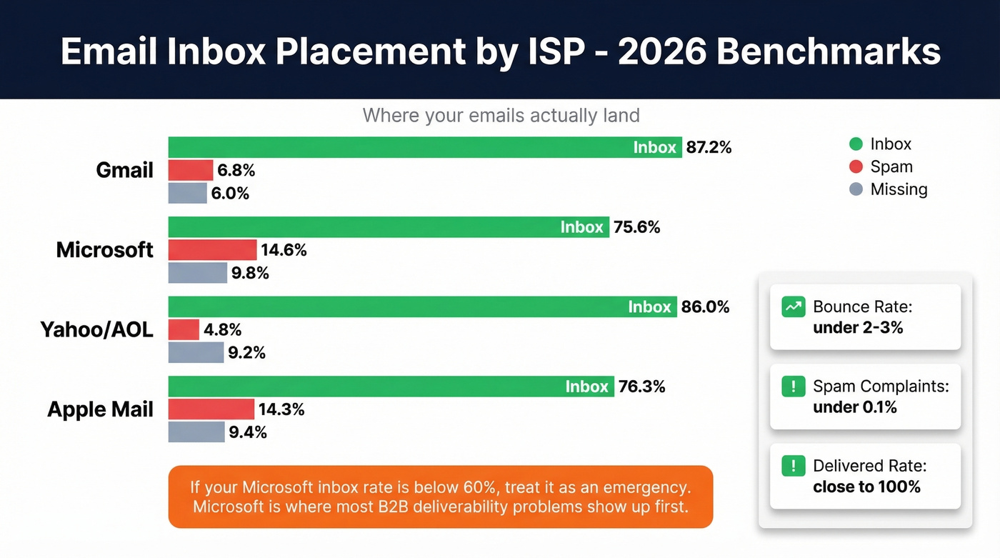 ISP inbox placement benchmark comparison bar chart