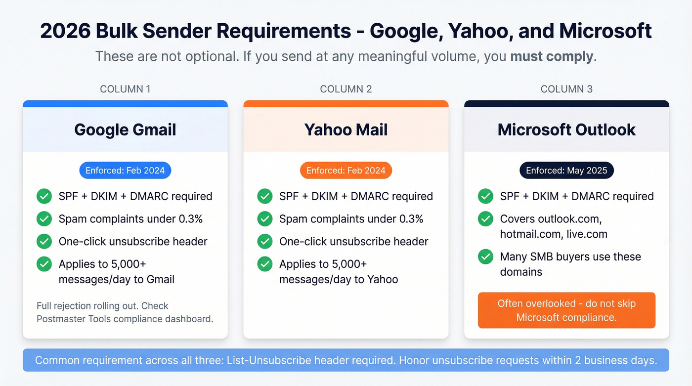 Google Yahoo Microsoft bulk sender requirements comparison 2026